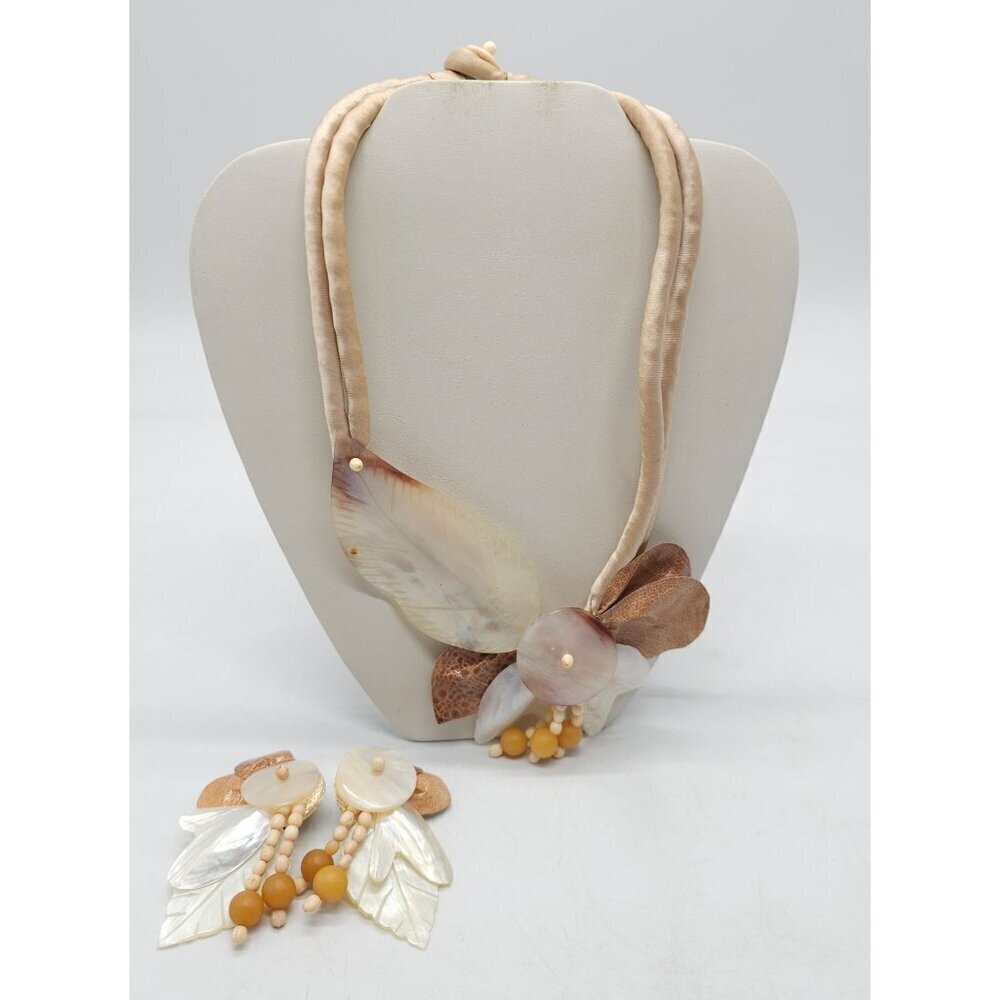 Handcrafted Natural Shell Necklace ClipOn Earrings Set Leaf Design Neutral Tones